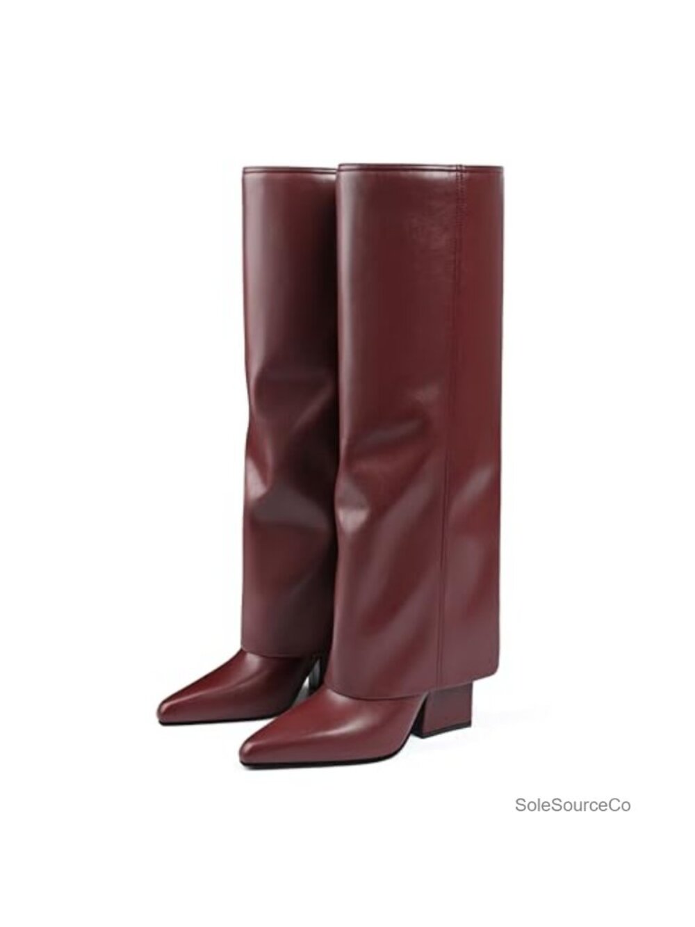 Women Faux Leather Knee High Fold Over Pointed Toe Block Heel Boots Dressy